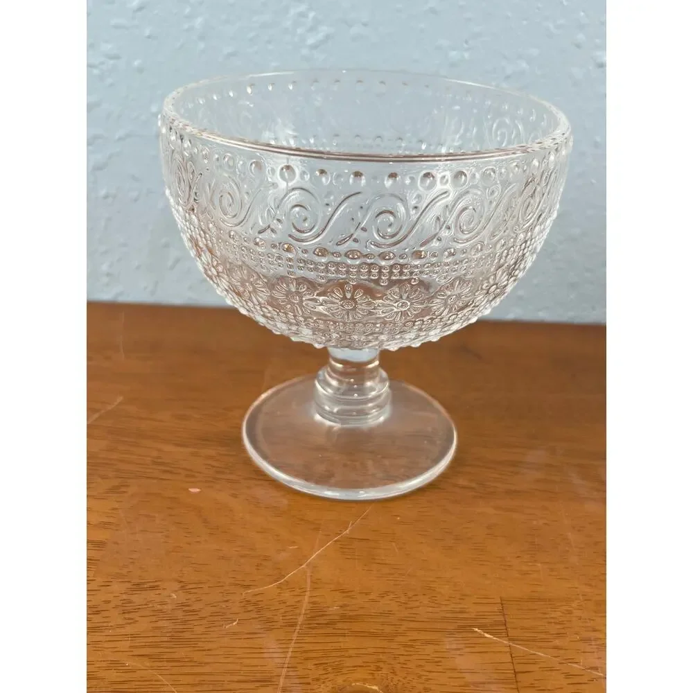 VTG Clear Pressed Glass Footed Sherbet Dessert Cups Set 4 Embossed Daisy Swirl